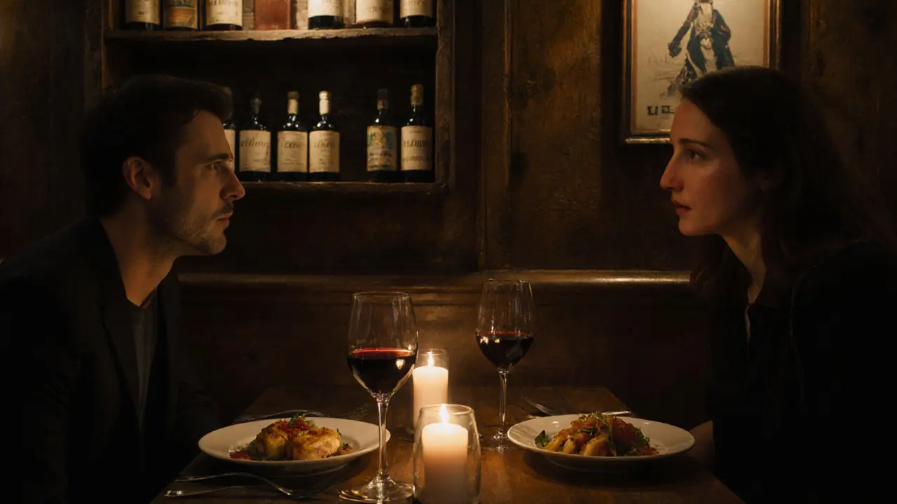 A couple sharing dinner by candlelight in a cozy Paris bistro, warm lighting and rustic decor.