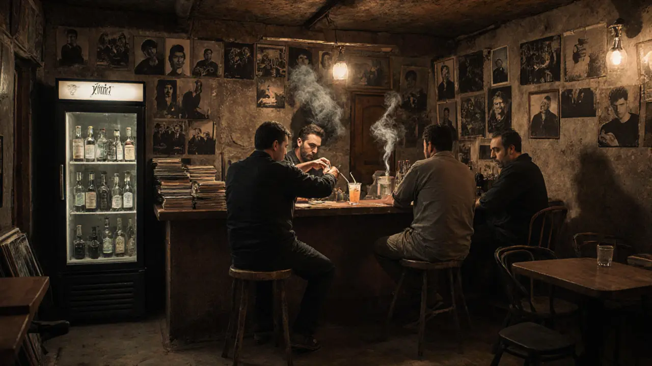 A cozy basement bar with walls covered in vintage music photos, locals drinking rakı under warm lighting.
