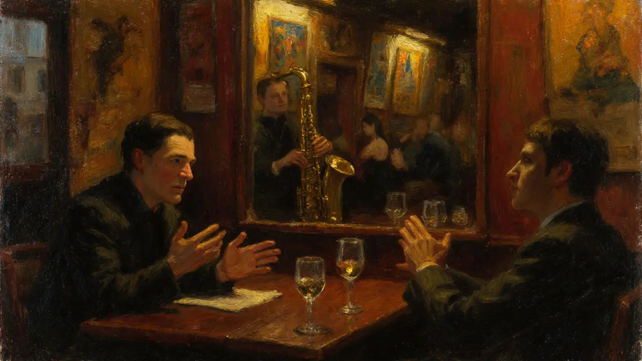 A cozy jazz bar in Paris at dusk, two people laughing over wine in soft golden light.