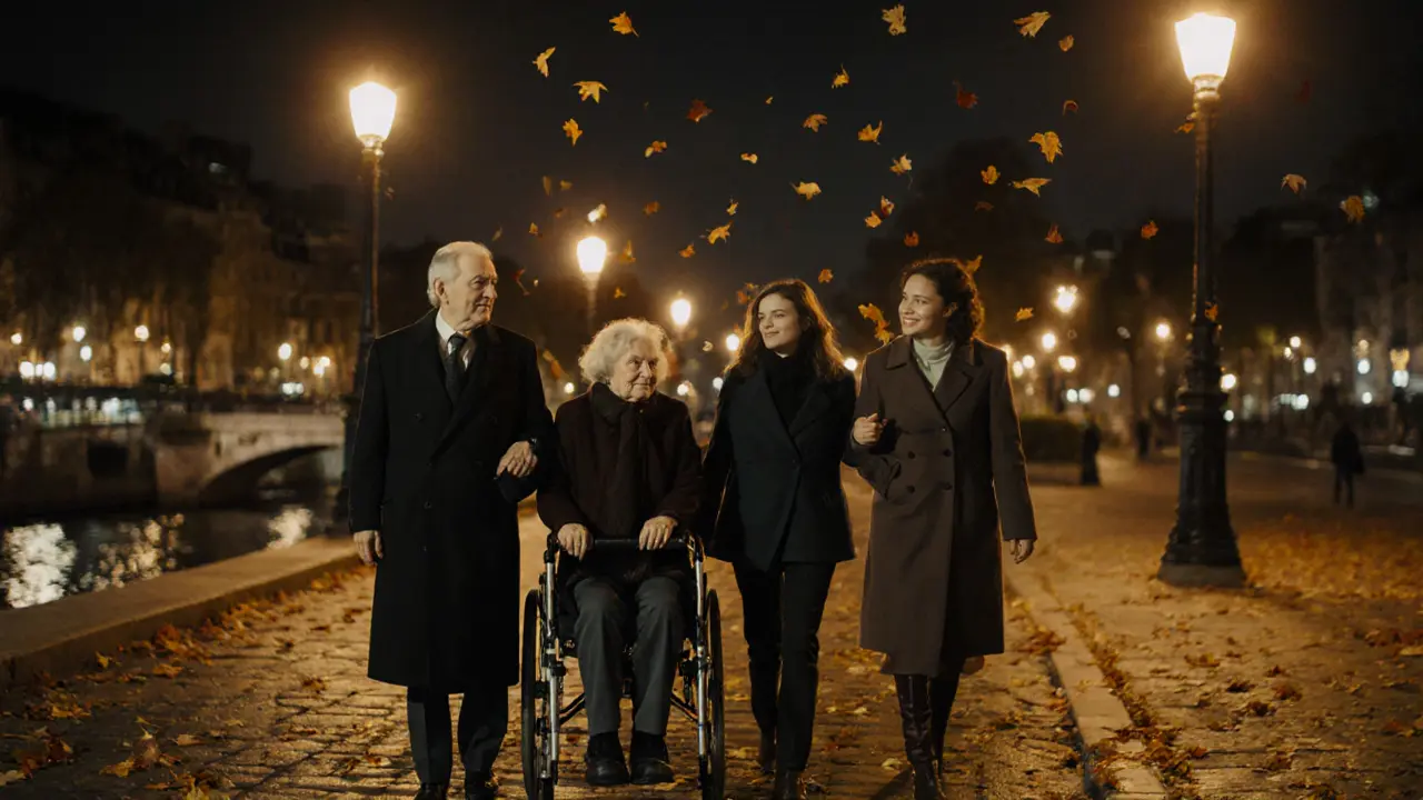 A diverse group of people and a companion walking together along the Seine at sunset, embodying inclusion and connection.