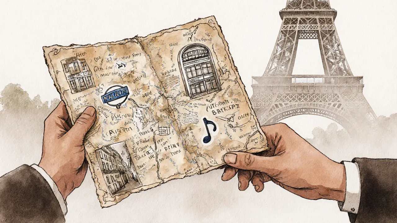 A hand giving a handwritten map to another, revealing hidden Paris spots away from tourist paths.