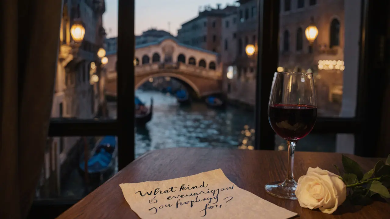 A handwritten note with a wine glass and rose on a table overlooking Milan&#039;s canal at twilight.