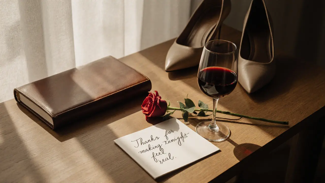 A handwritten thank-you note beside a rose and wine glass on a wooden desk in soft morning light.