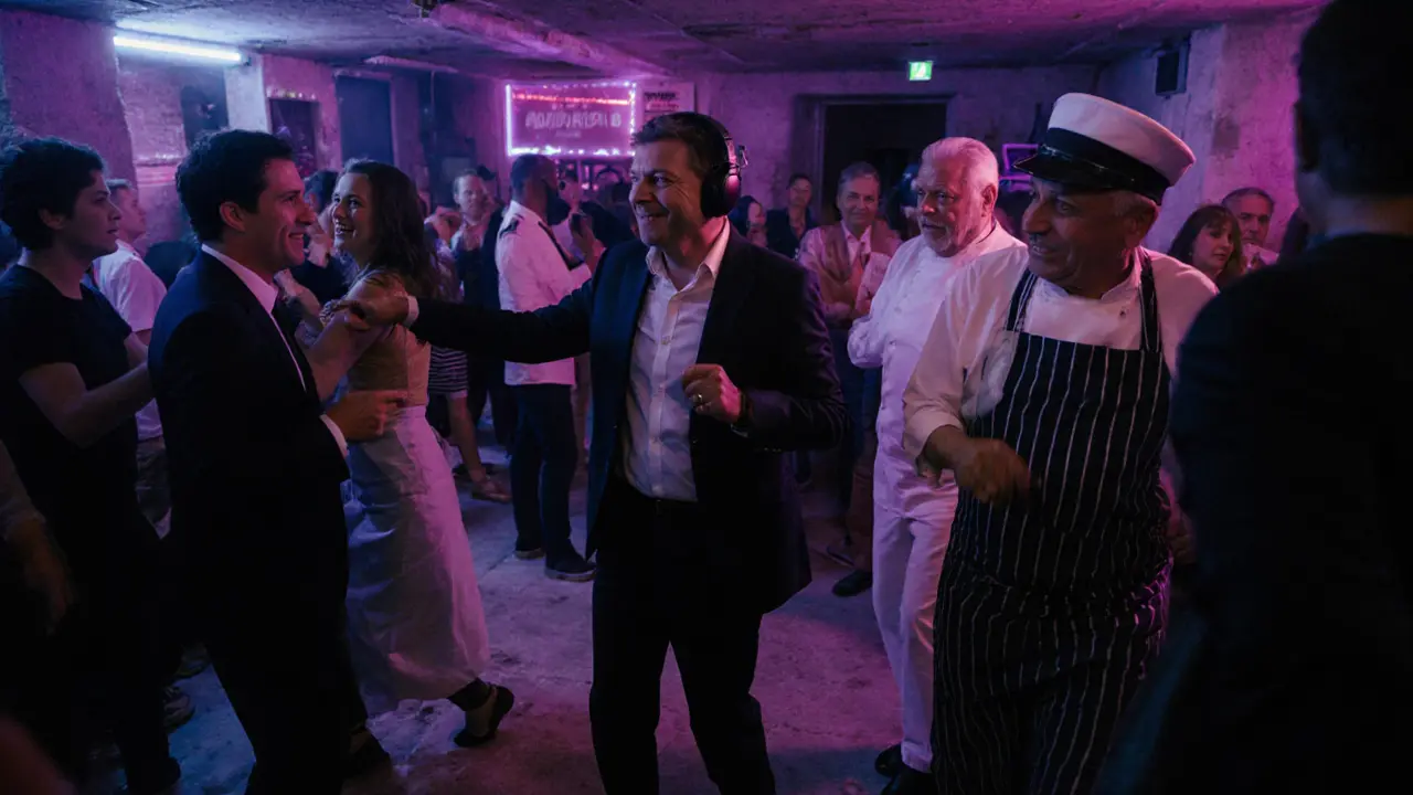 A hidden basement club in Monaco with locals dancing to rare disco and funk under soft colored lights.