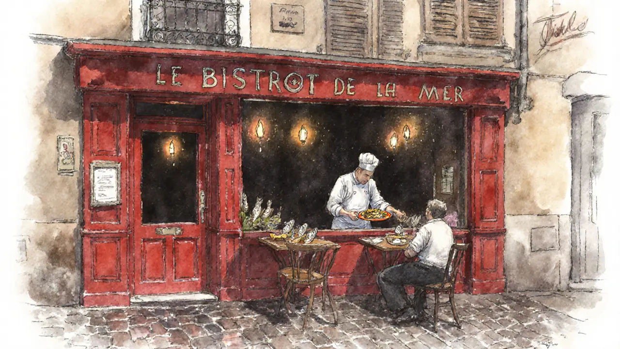 A hidden restaurant with a red door and candlelit window, locals dining in quiet intimacy.