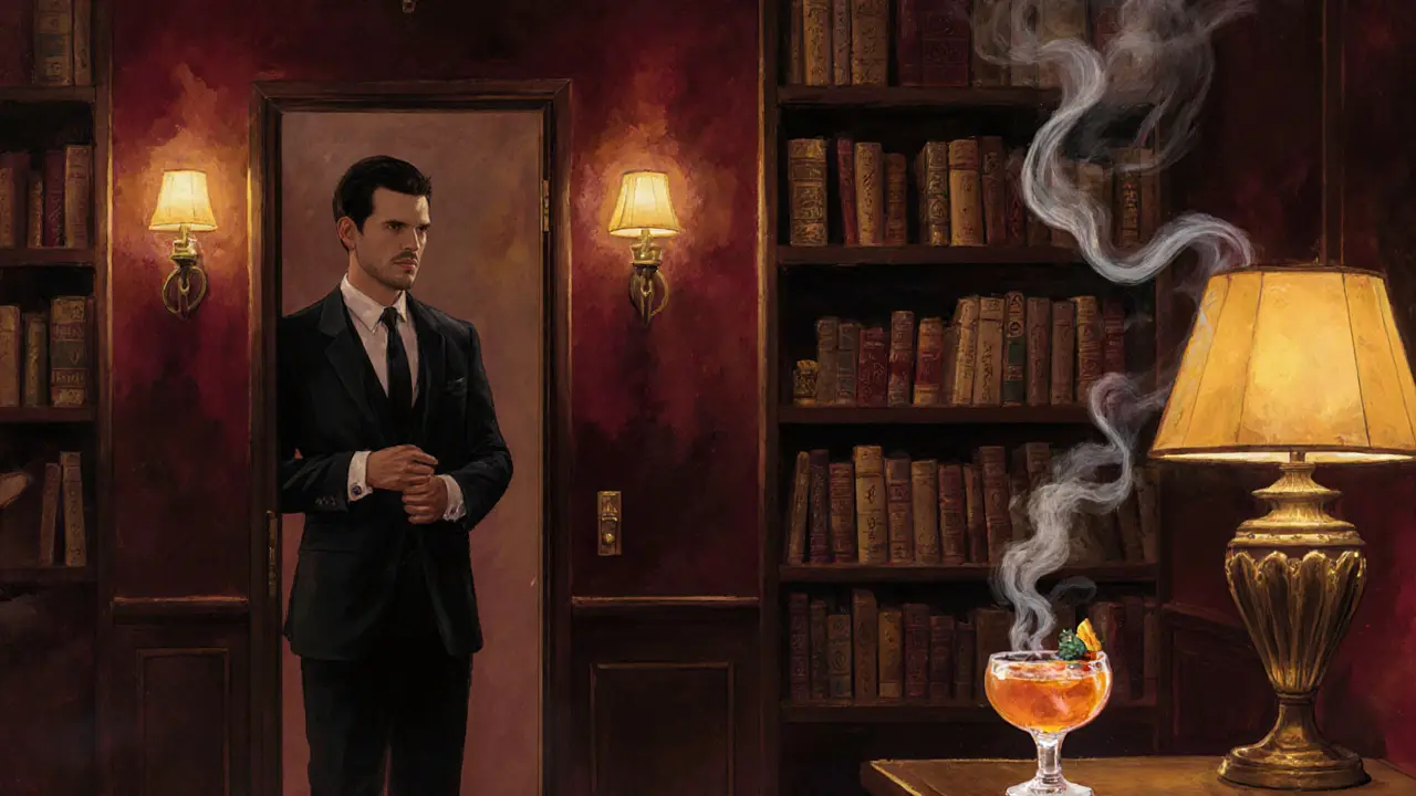 A hidden speakeasy behind a bookshelf, a well-dressed guest being admitted by a stern bouncer in dim, moody lighting.
