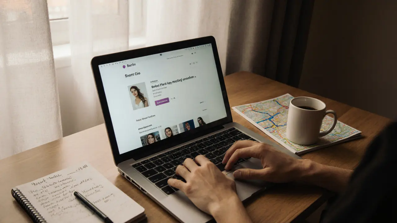 A laptop displays a discreet escort directory profile in a Berlin living space, with a notebook and coffee cup on the desk.