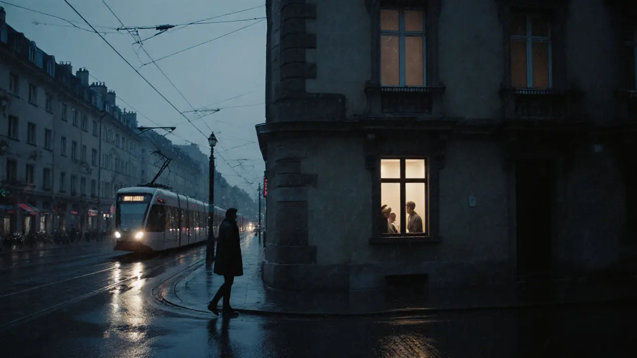 A lone person walks down a rainy Berlin street at twilight, a single lit window hinting at a private encounter above.