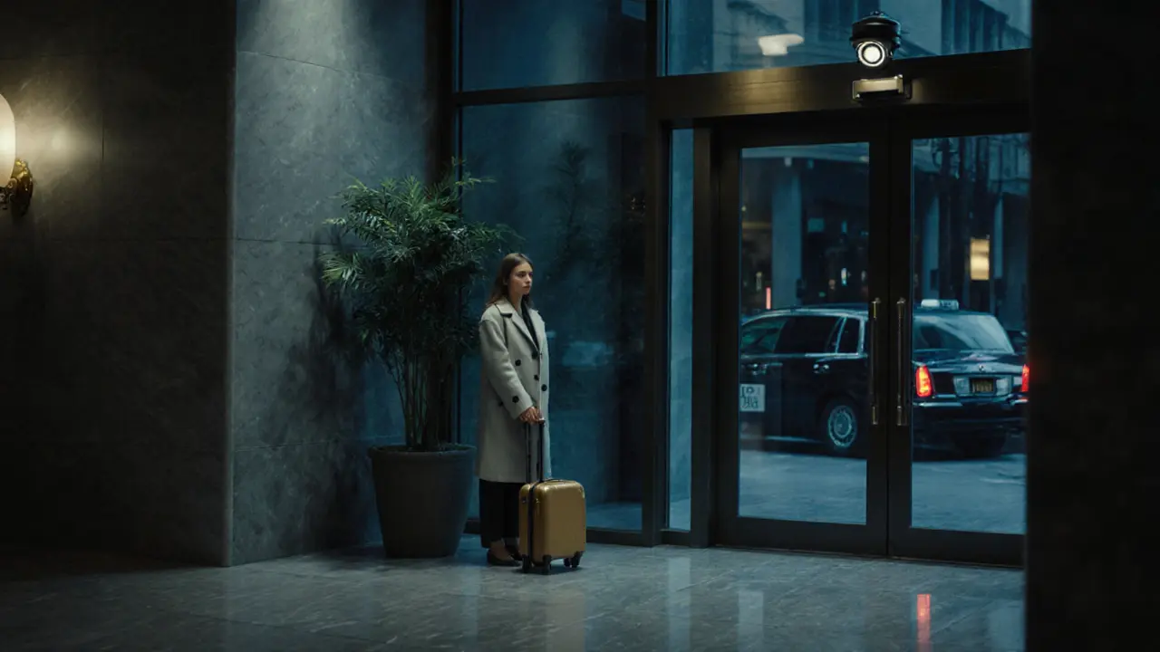 A lone woman waiting in a hotel lobby at night, an Uber visible through the glass doors.