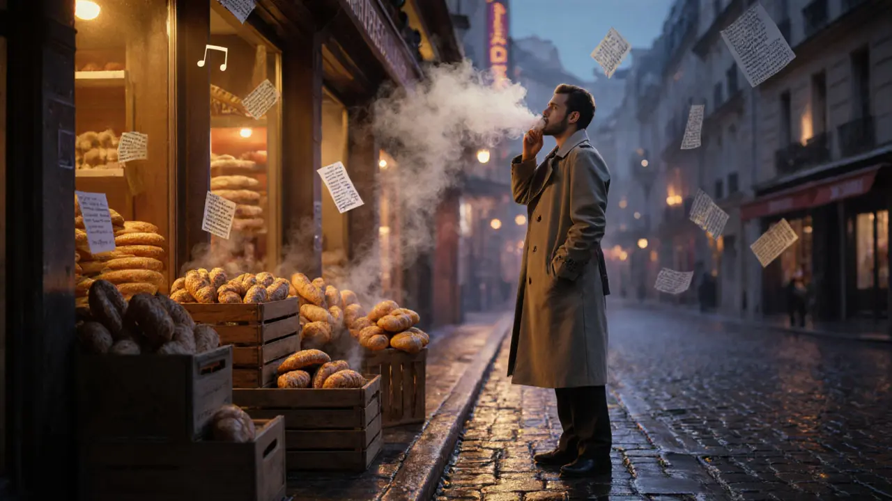 A midnight bakery with fresh bread steaming under soft light, surrounded by floating jazz notes and poetry.
