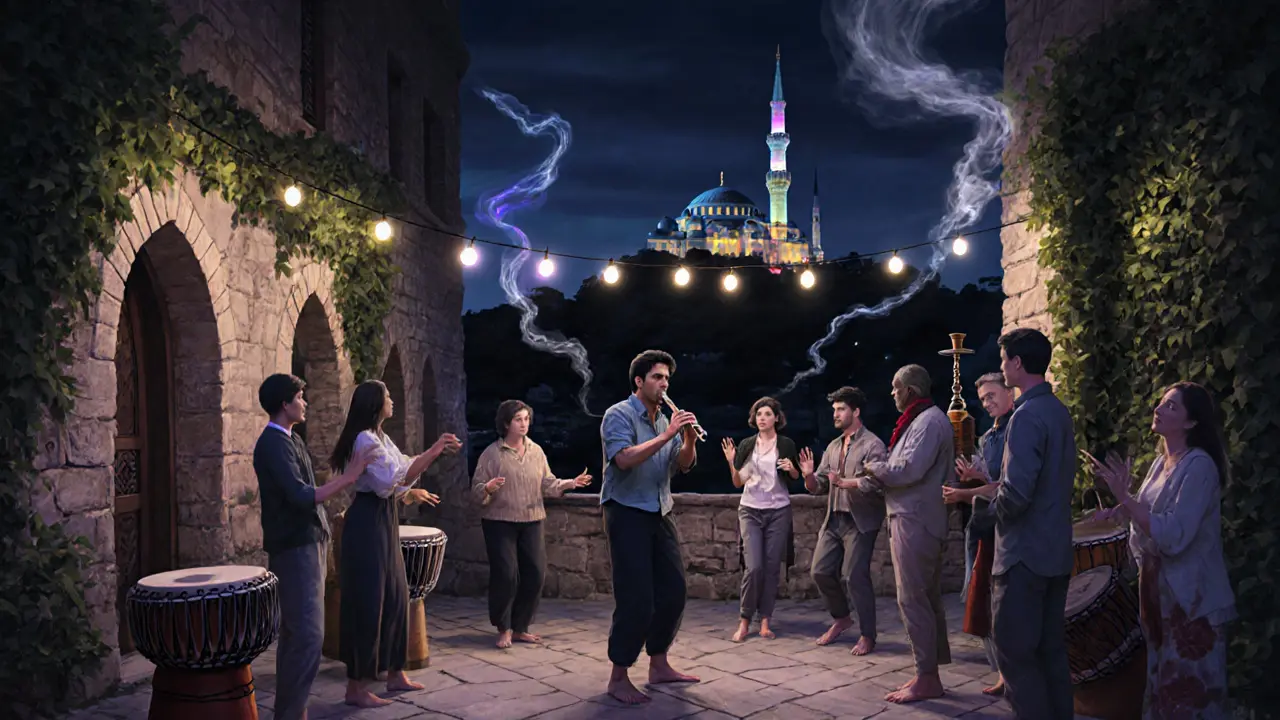A musician plays ney in a stone courtyard as people sway to drum rhythms at night.