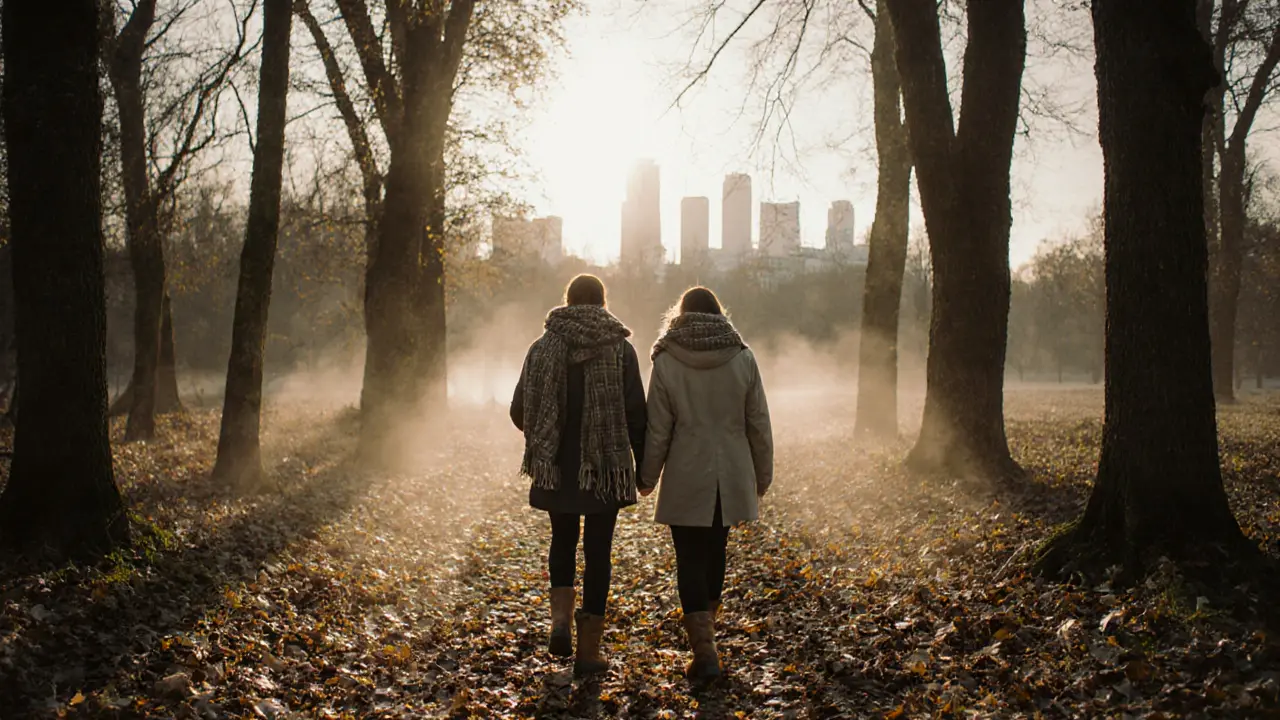 A non-binary companion and client walking peacefully through Tegel Forest at sunrise.