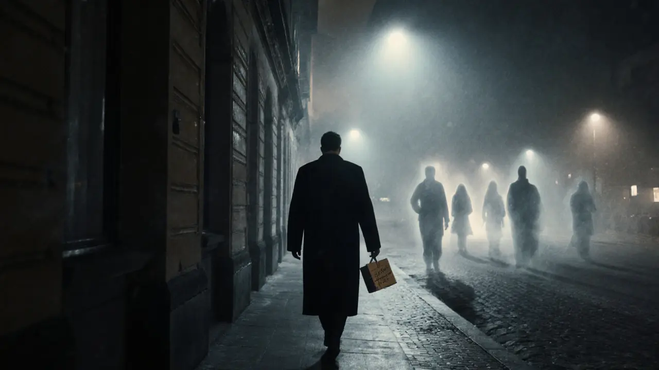 A person walking away from an apartment at night in Berlin, holding a gift, ghostly figures fading into mist.