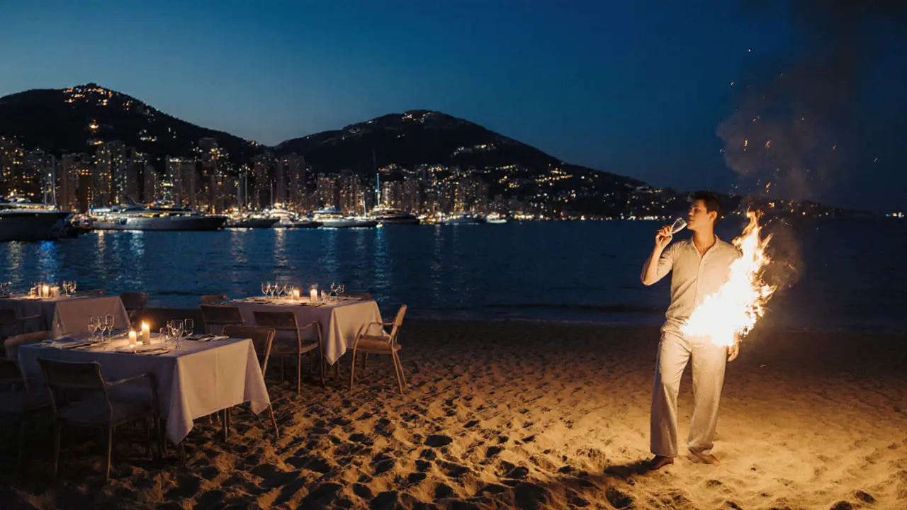A private beach club at night with candlelit tables, fire dancers, and illuminated yachts on the Mediterranean shore.