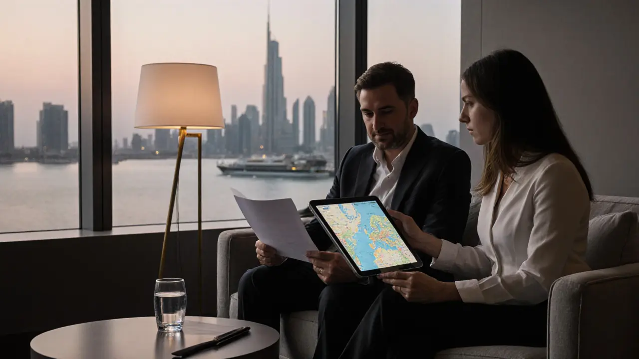A professional client and companion reviewing a travel itinerary in a sleek, minimalist lounge at dusk.