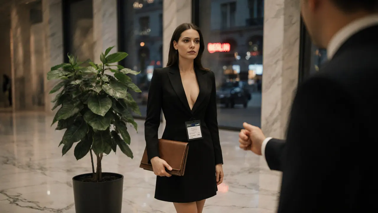 A professional escort in a boutique hotel lobby, verified ID visible, meeting a client politely.