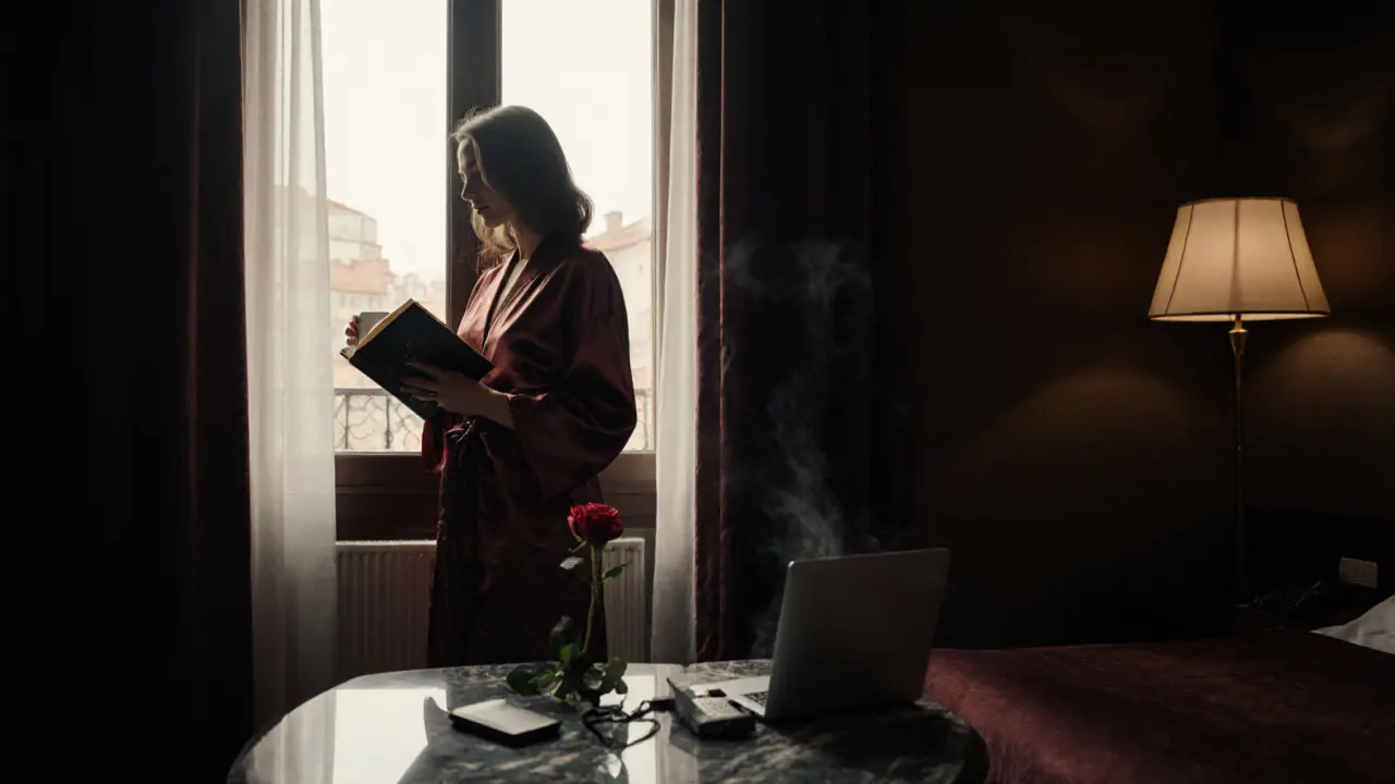 A professional woman in a silk robe holding a book and coffee in a luxury hotel suite.