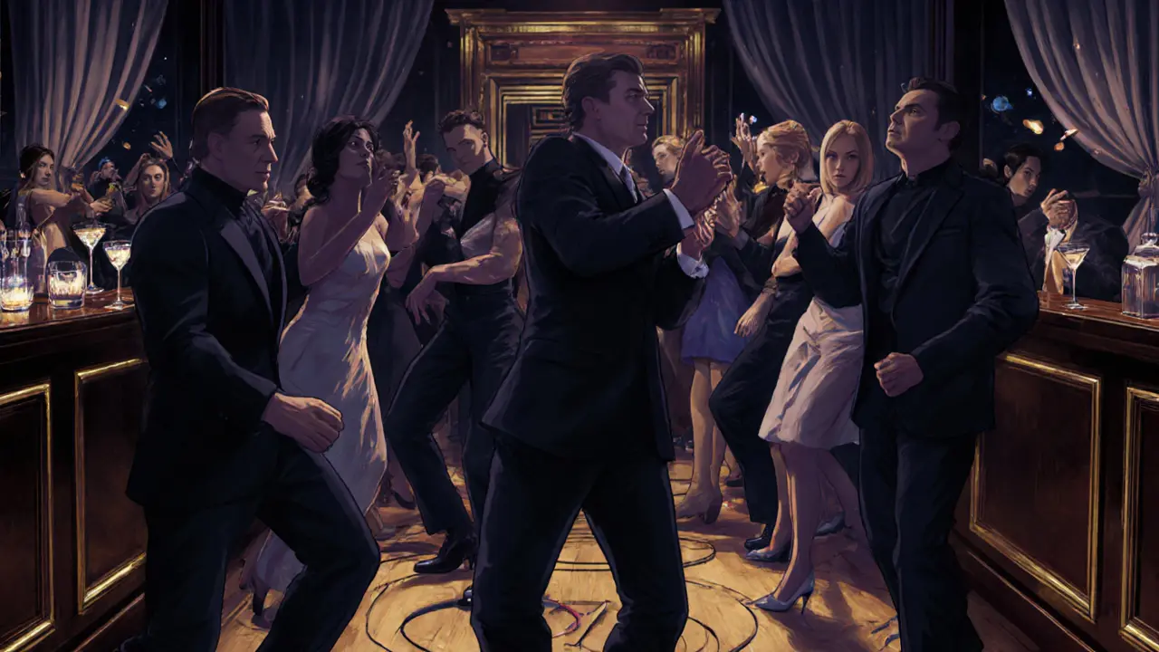 A quiet, exclusive nightclub interior with dancers moving in low light and deep bass energy.