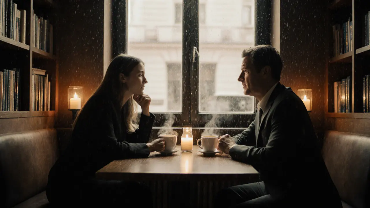 A quiet moment in a Berlin book café, two people sharing tea and calm conversation under soft candlelight.