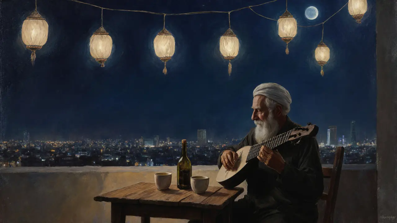 A quiet rooftop at night with a man playing oud under lanterns, city lights glowing in the distance.