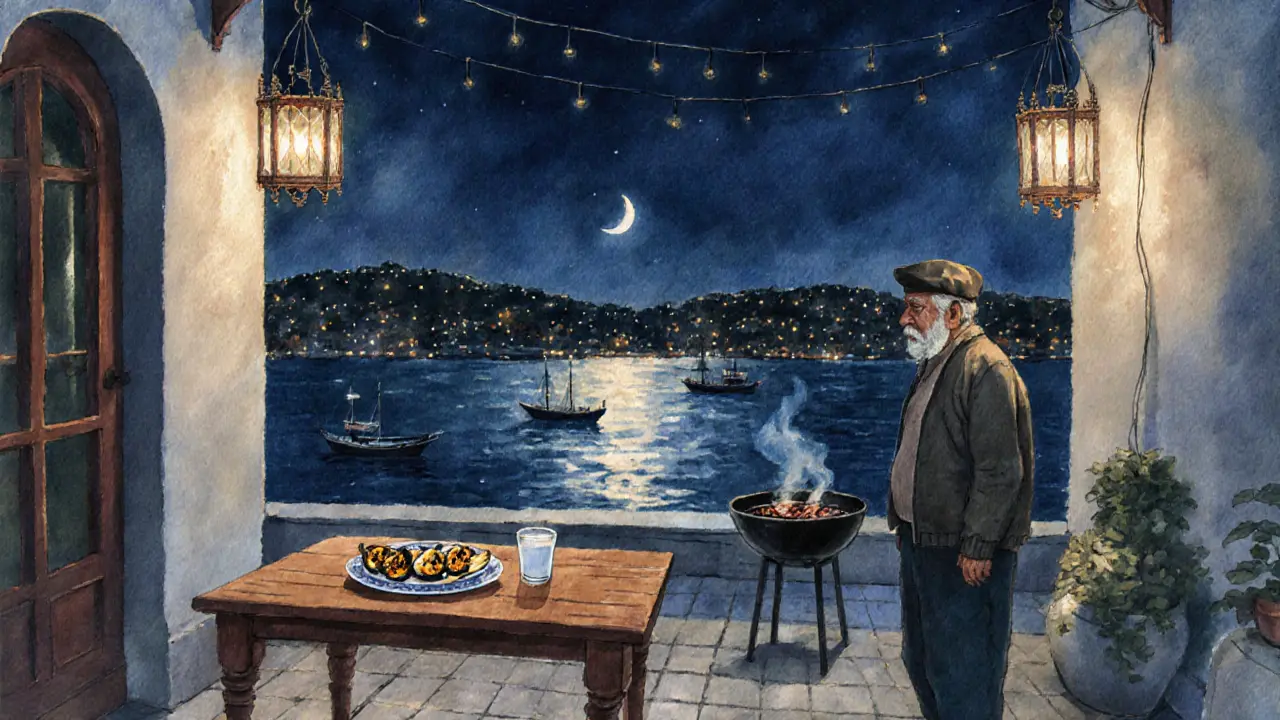 A quiet rooftop courtyard at night with lanterns, grilled food, and the Golden Horn glowing below.
