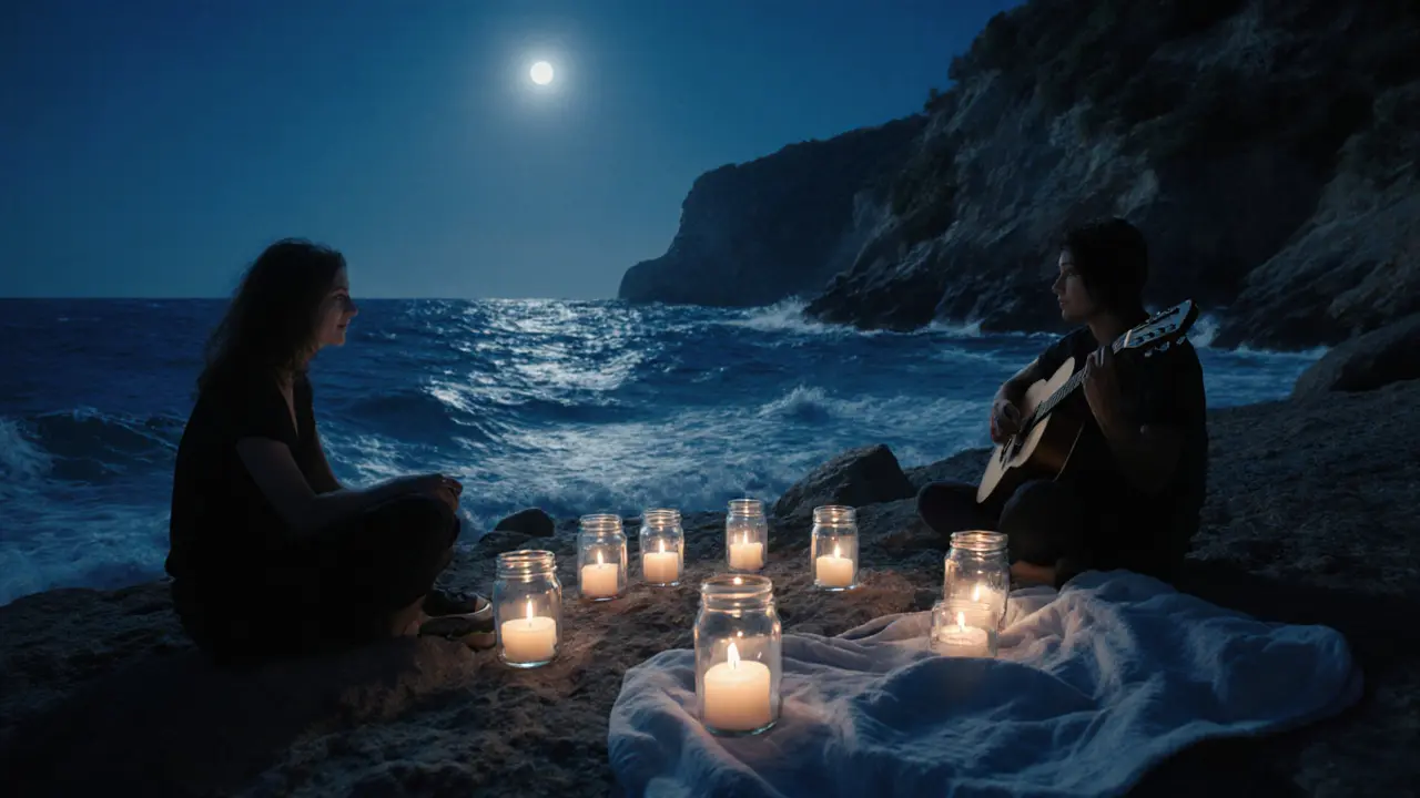 A quiet seaside cove at night with candles, a guitar, and silhouettes watching the waves under moonlight.