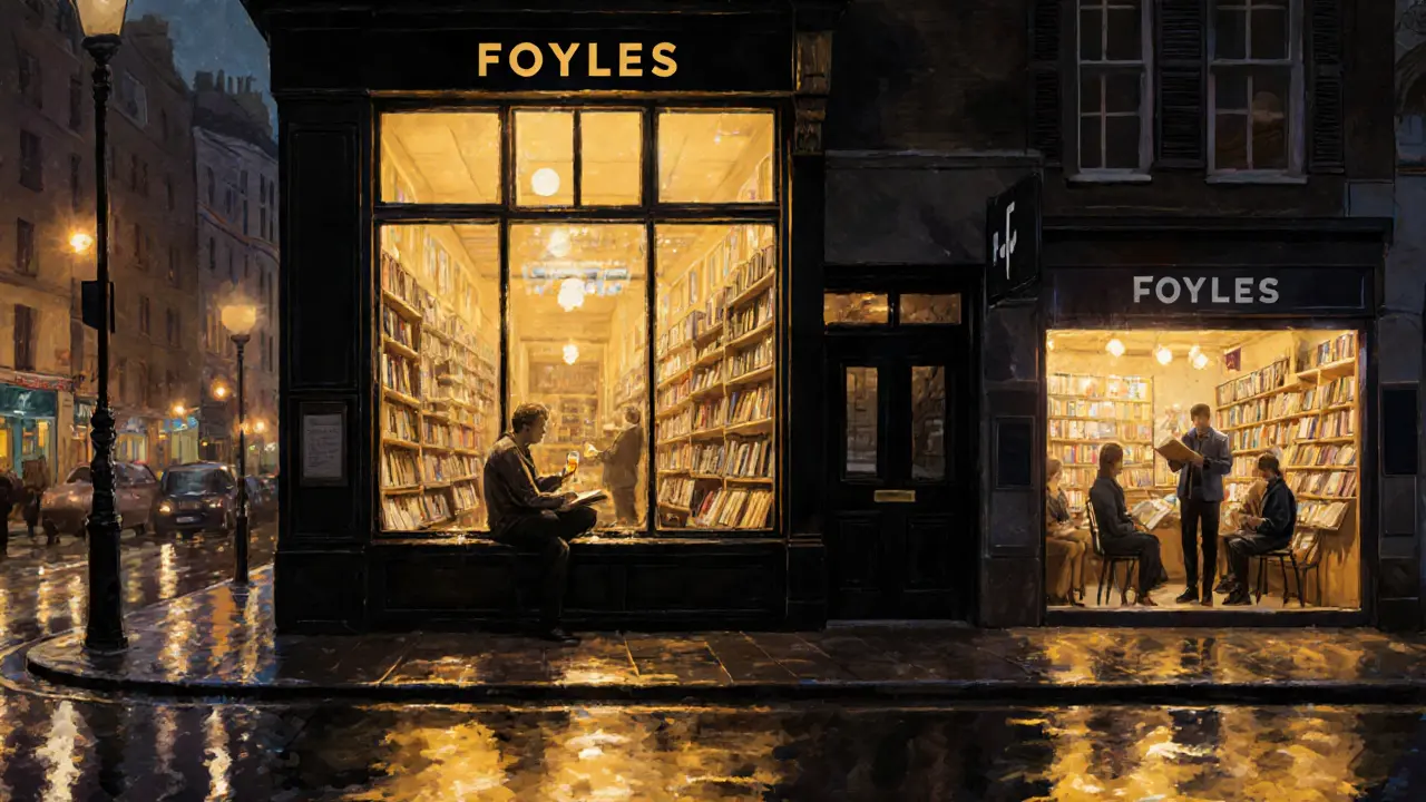 A reader sits by a window in a historic bookstore at night, warm light glowing on books and wine glass.