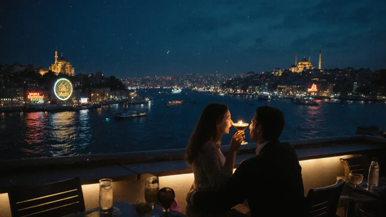 A rooftop couple drinks cocktails as the call to prayer echoes over Istanbul’s glowing skyline.