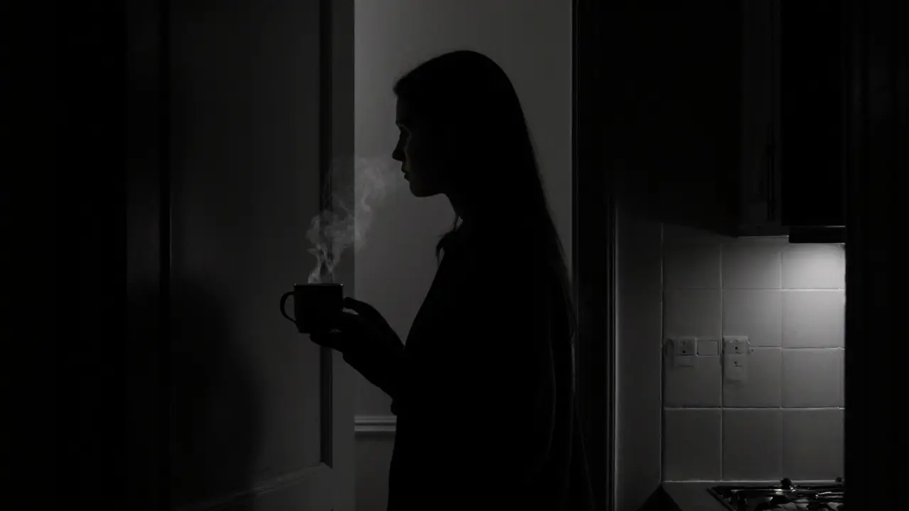 A silhouette stands in darkness holding tea, alone in a quiet London flat after a long day.