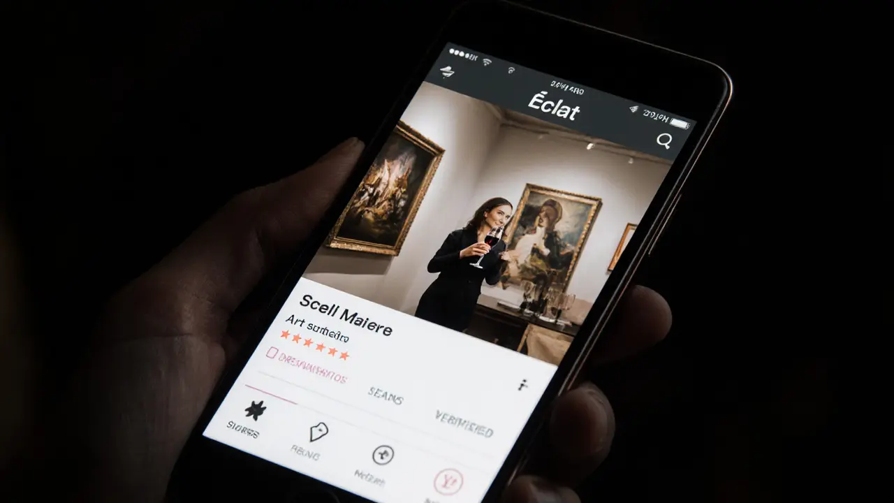 A smartphone screen showing the Éclat app interface with a verified companion profile and subtle points system.