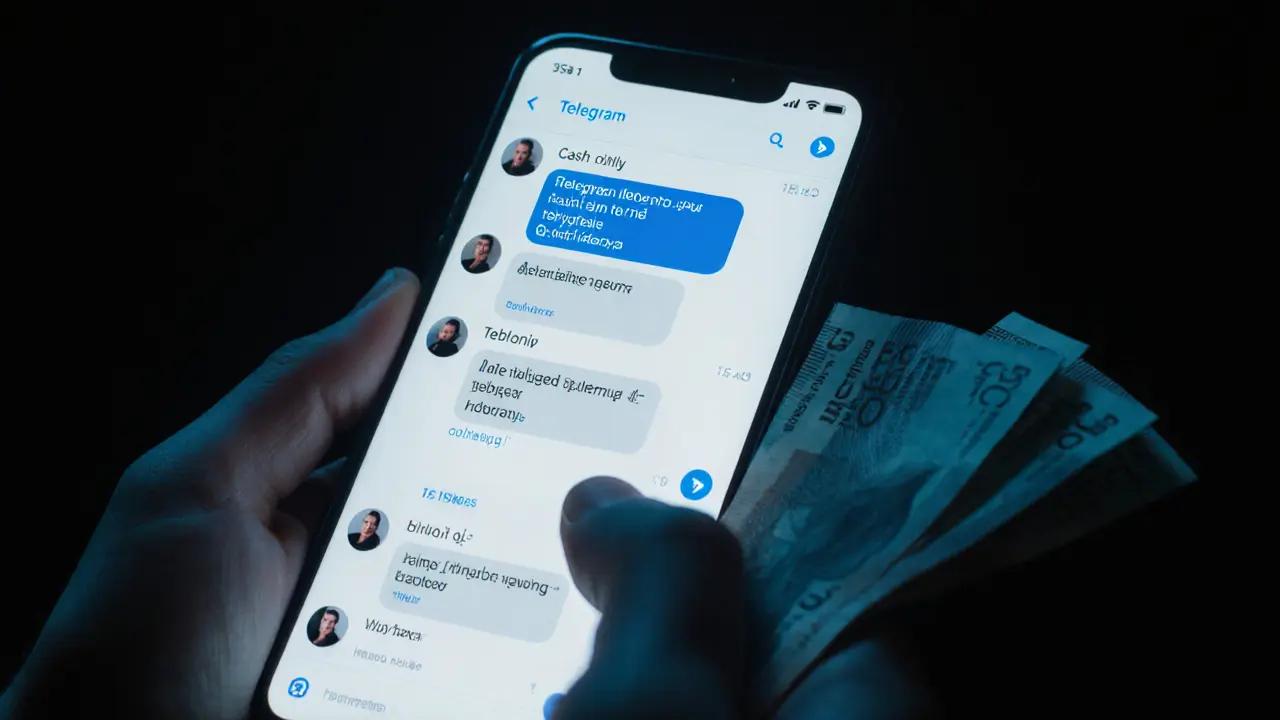 A smartphone showing encrypted messages and cash payment terms in a dark room, no faces visible.