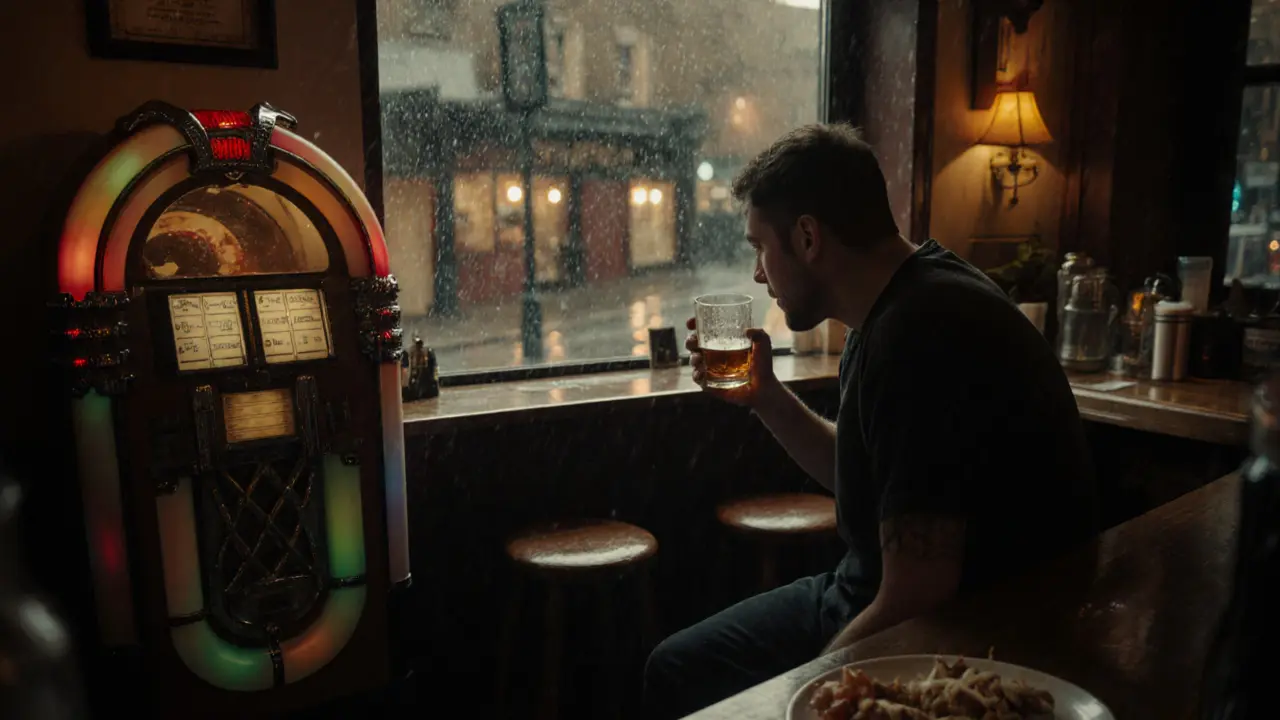 A solitary fan sitting in silence with a whiskey in a dimly lit pub after a heartbreaking team loss.