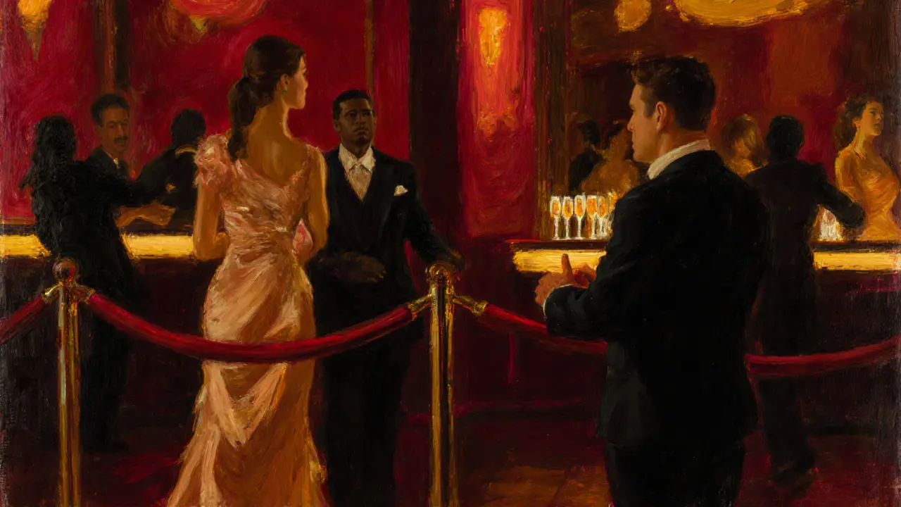 A velvet rope entrance to Le Palace nightclub at midnight, bouncer assessing a well-dressed couple under dim red lighting.