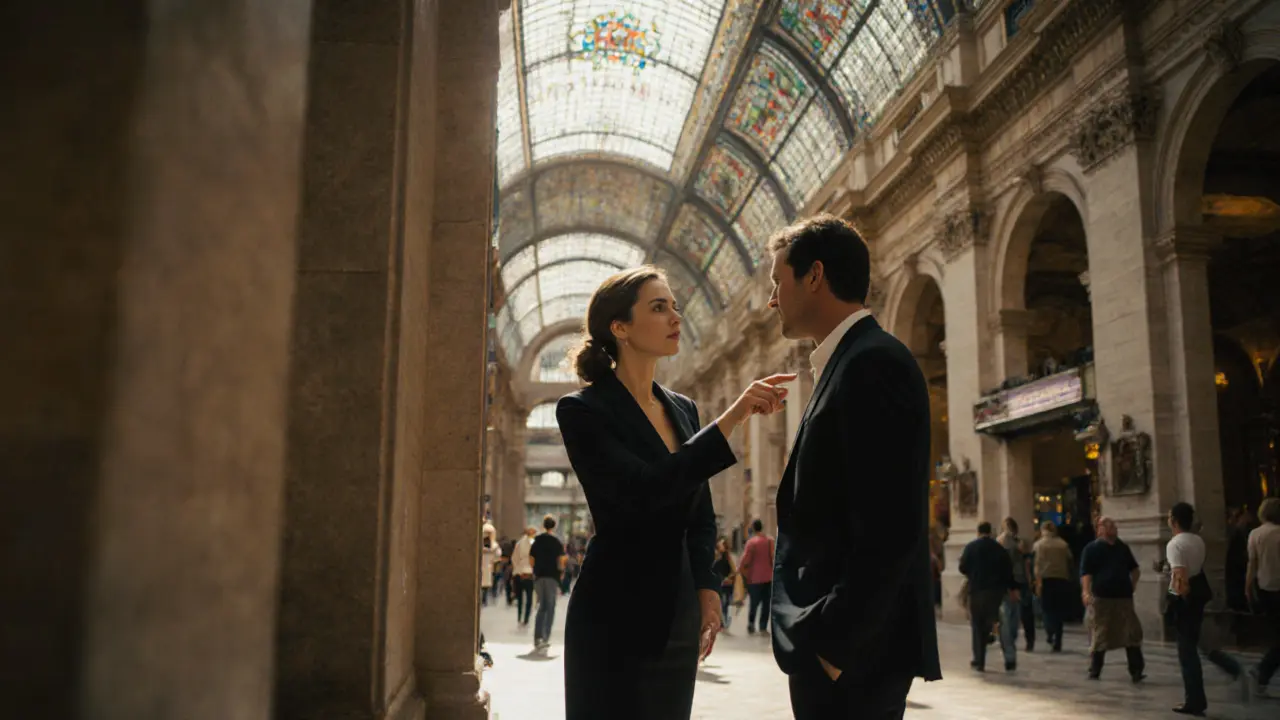 A well-dressed woman and man discussing art under the stained-glass ceiling of Galleria Vittorio Emanuele II.