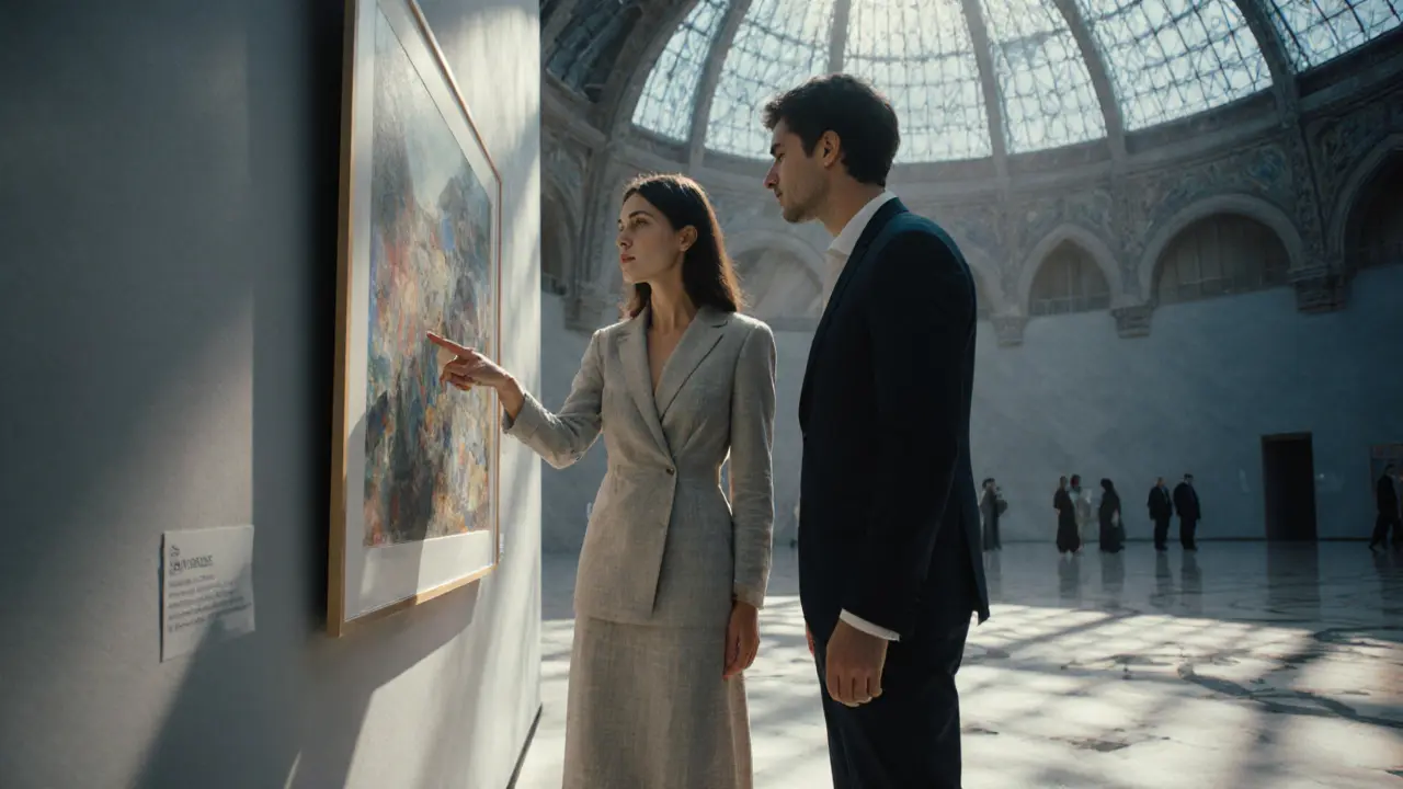 A woman and companion viewing art together in the Louvre Abu Dhabi, natural light filtering through the dome.