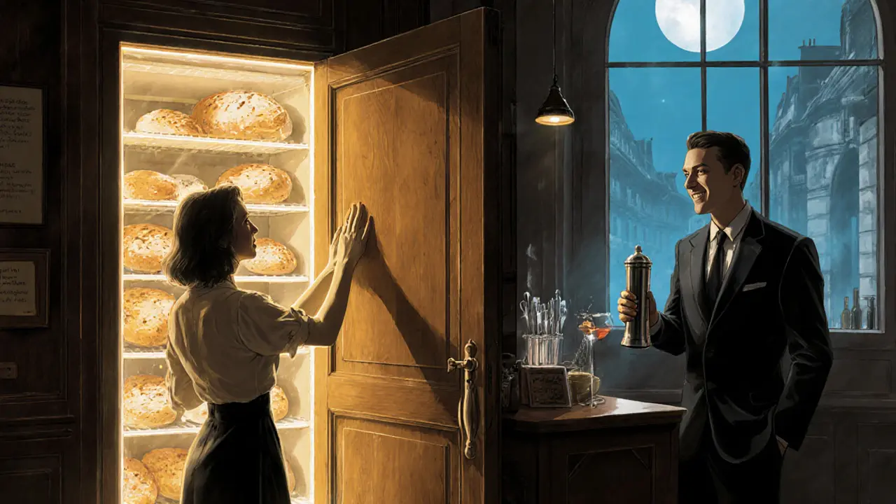 A woman knocking on a hidden door behind a bakery, revealing a secret speakeasy with glowing light.