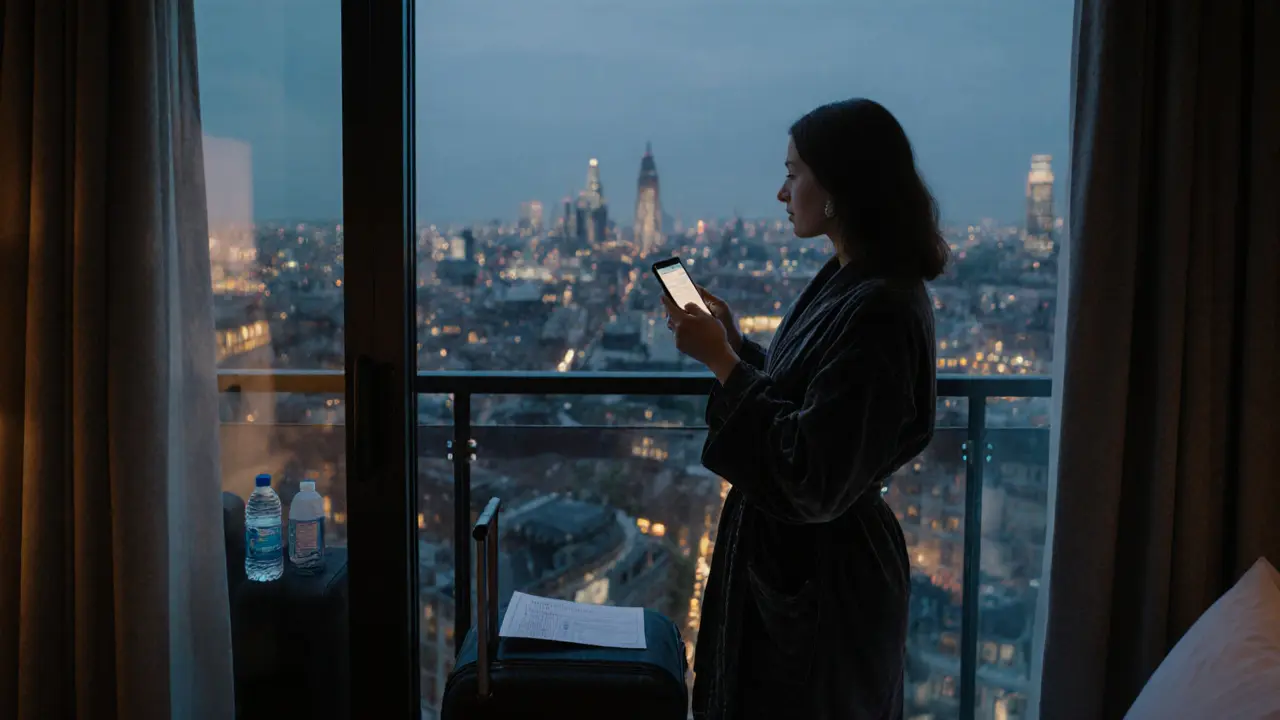 A woman on a hotel balcony at dusk overlooking London, symbolizing independence and quiet strength.