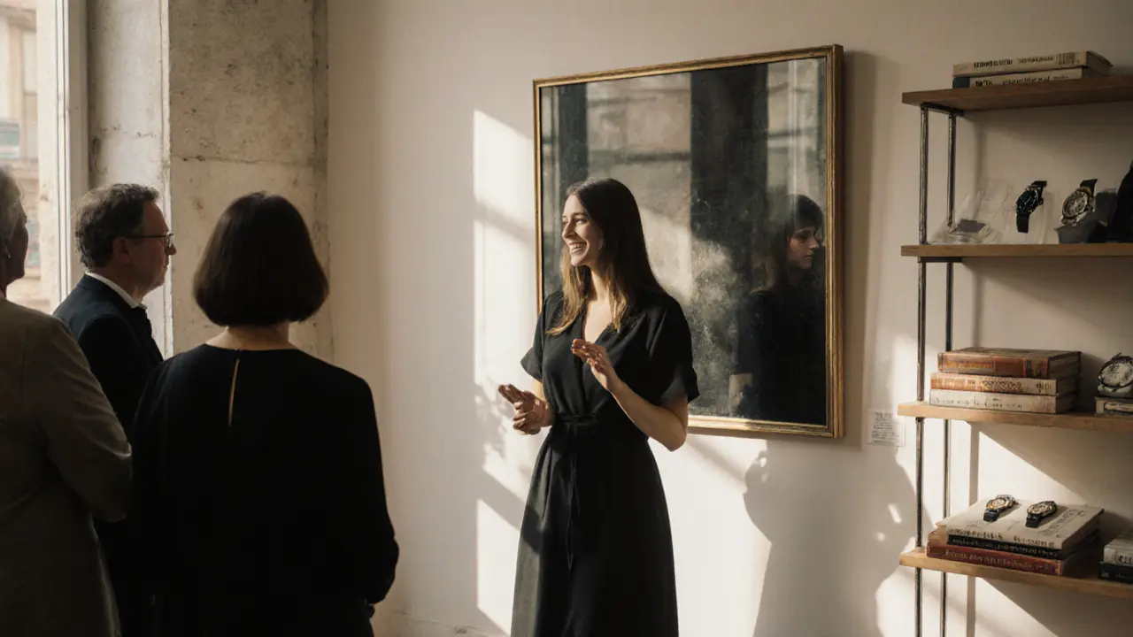 A woman standing in a Brera art gallery, guiding collectors beside a painting.
