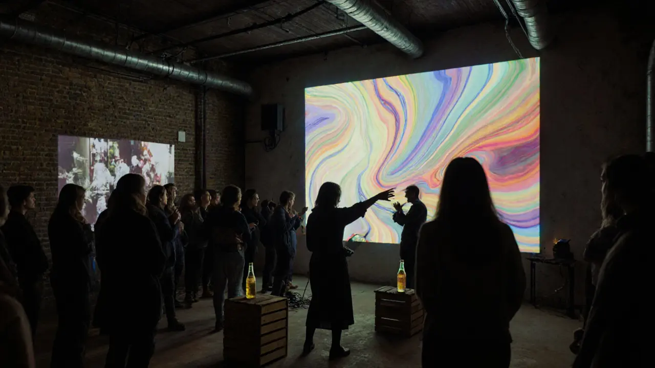 An abstract light projection fills an old industrial space, people silently watching experimental art.