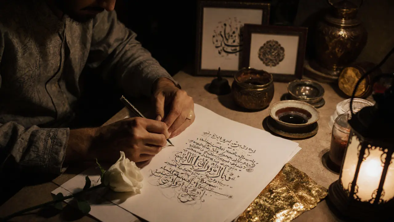 An artisan hand-writing Rumi&#039;s poetry on handmade paper with gold leaf and a white rose nearby.