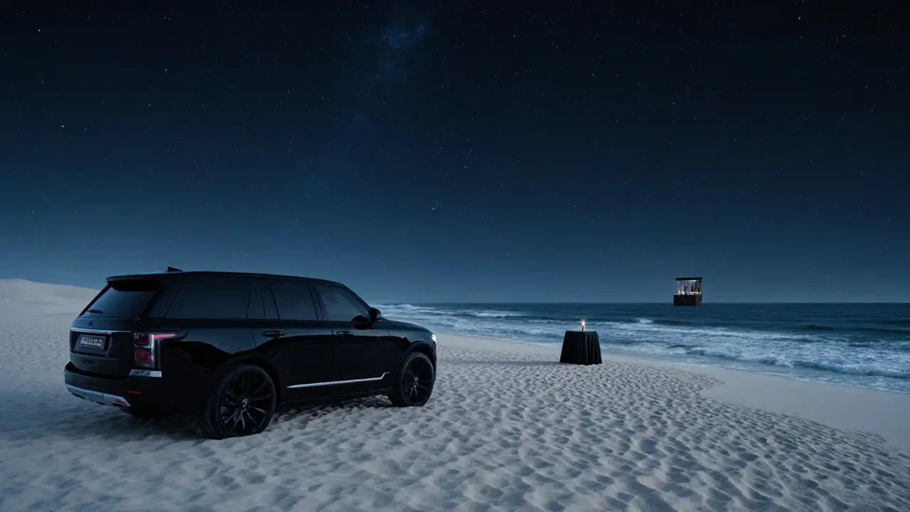 An empty private beach at night with a black SUV parked nearby, calm waves and starlit sky, no people visible.