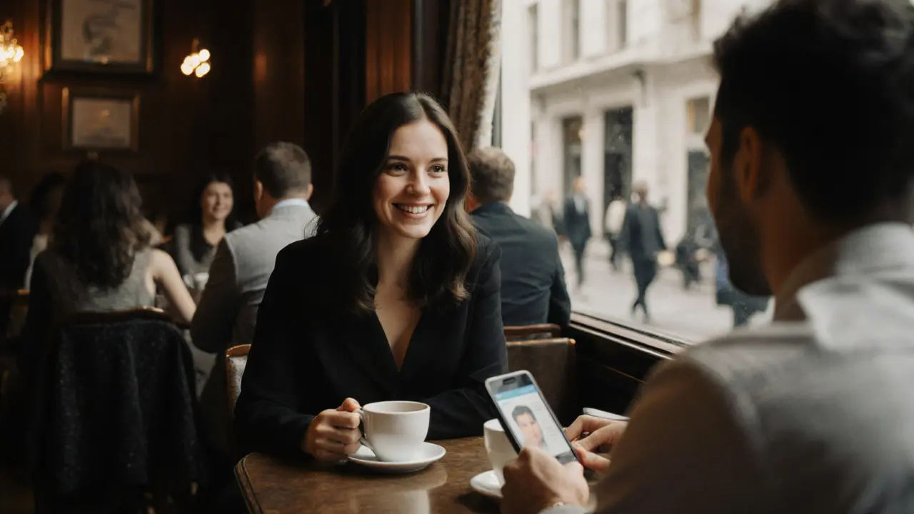 An escort and client meeting for the first time in a quiet London café, maintaining professional boundaries.