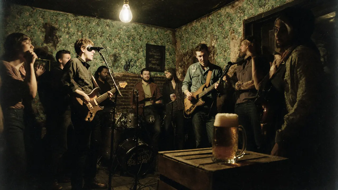 An indie band performs on a tiny stage in a dimly lit basement pub with peeling wallpaper and a small attentive crowd.