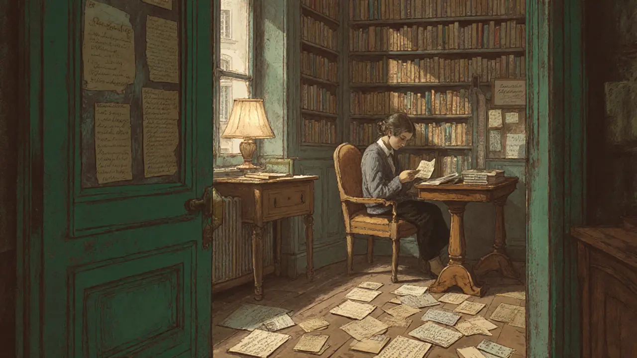 An old bookshop interior filled with handwritten letters and postcards under soft lamplight.