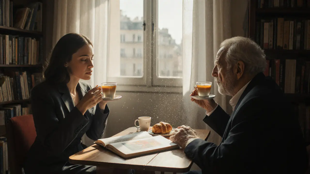 An older man and woman share tea in a quiet Montmartre apartment, an art book open between them.
