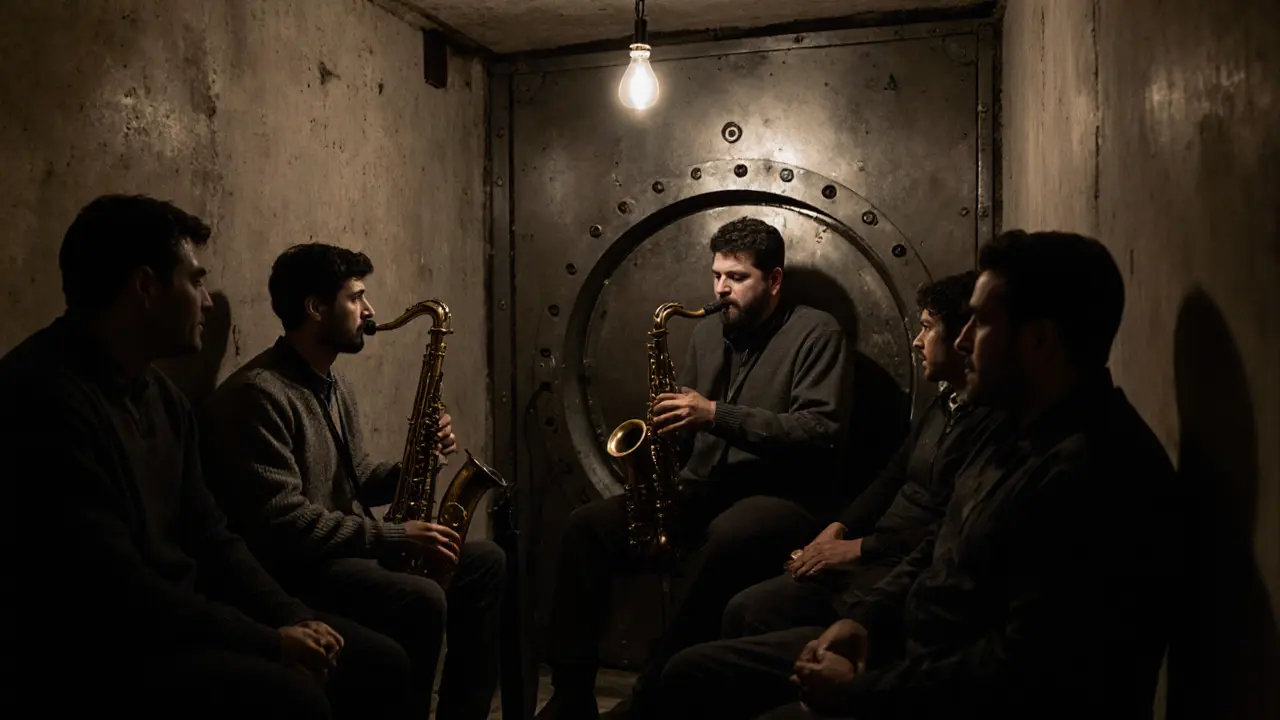 An underground jazz club inside a former bank vault, musicians playing in low light with no decorations.