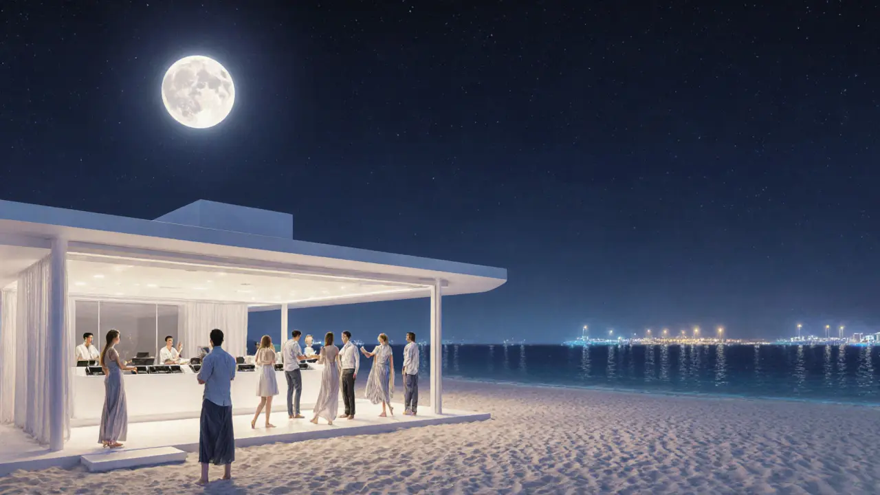 Beachfront venue at night with guests dancing barefoot on sand under soft lights.