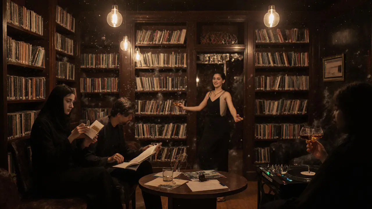 Book-filled lounge with vinyl DJ, patrons reading and dancing under warm lights.