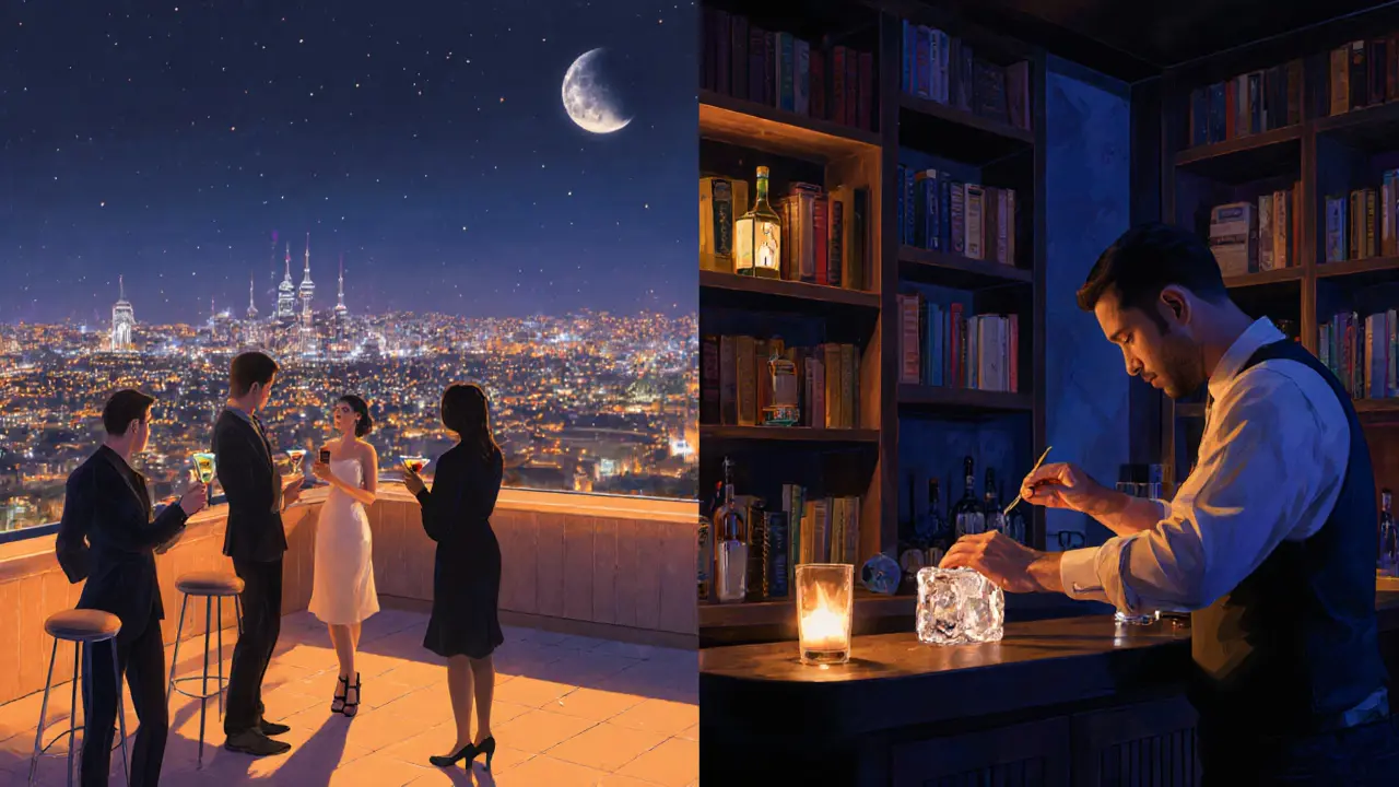Contrasting nightlife scenes: a glamorous rooftop bar and a cozy underground jazz bar with candlelight and books.