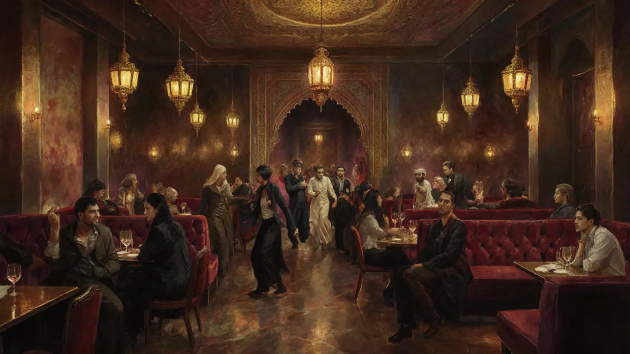 Cozy nightclub with brass lanterns and velvet booths, people dancing gently to Arabic and house music.